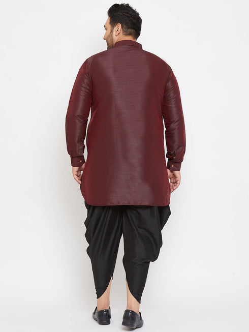 Vastramay Men's Plus Size Wine Silk Blend Curved Kurta Dhoti Set